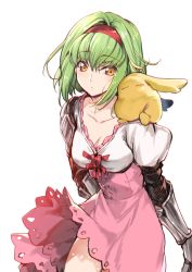 Rule 34 | 1girl, animal, animal on shoulder, breasts, c.c., cheese-kun, cleavage, clothes lift, code geass, collarbone, cosplay, cowboy shot, creayus, djeeta (granblue fantasy), djeeta (granblue fantasy) (cosplay), gauntlets, granblue fantasy, green hair, hairband, high-waist skirt, medium breasts, neck ribbon, pink skirt, red hairband, red ribbon, ribbon, shirt, short hair, simple background, skirt, skirt lift, solo, standing, white background, white shirt