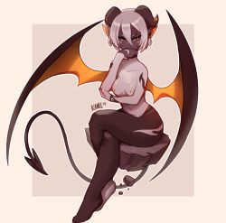 Rule 34 | 1girl, breasts, covering own mouth, demon girl, demon tail, earrings, full body, grey hair, hair over one eye, highres, horns, jewelry, kanel, nipples, nude, orange eyes, orange wings, original, short hair, simple background, sitting, small breasts, solo, tagme, tail, v-shaped eyebrows