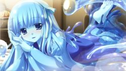 Rule 34 | 1girl, barefoot, blue eyes, blue hair, blue skin, blush, colored skin, game cg, hime cut, japanese clothes, kamidori alchemy meister, kimono, long hair, looking at viewer, lying, matching hair/eyes, monster girl, obi, on bed, open mouth, sash, slime (substance), slime girl, smile, solo, suina (kamidori alchemy meister), undine