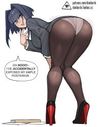 Rule 34 | 1girl, ass, ass focus, bent over, black pantyhose, blue eyes, donburi (donburikazoku), english text, hair intakes, high heels, highres, hololive, hololive english, looking at viewer, looking back, office lady, ouro kronii, panties, pantyhose, picking up, short hair, simple background, solo, standing, underwear, virtual youtuber, wedgie, white background