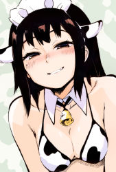 Rule 34 | 1girl, animal ears, animal print, bell, bikini, black hair, breasts squeezed together, breasts, brown eyes, cleavage, commentary request, cow ears, cow print, detached collar, eyebrows hidden by hair, half-closed eyes, highres, kou1, maid headdress, medium breasts, neck bell, original, smile, solo, swimsuit, upper body