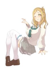 Rule 34 | 1girl, ;), absurdres, aqua neckerchief, arm support, blonde hair, braid, brown footwear, buttons, crown braid, double-breasted, full body, green eyes, grey skirt, hair rings, highres, invisible chair, komiyam a, loafers, long sleeves, looking at viewer, love live!, love live! sunshine!!, medium hair, neckerchief, ohara mari, ok sign, one eye closed, pigeon-toed, pleated skirt, school uniform, serafuku, shoes, simple background, sitting, skirt, smile, solo, textless version, thighhighs, tie clip, uranohoshi school uniform, white background, white thighhighs