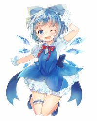 Rule 34 | 1girl, ;d, absurdres, arm up, asanagi kurumi (panda-doufu), back bow, bloomers, blue bow, blue dress, blue eyes, blue footwear, blue hair, blue ribbon, blush, bow, bowtie, breasts, bridal garter, buttons, cirno, collaboration, collared shirt, dress, earrings, eyebrows, frilled gloves, frilled skirt, frilled sleeves, frills, full body, gloves, hair bow, hair ribbon, high heels, highres, ice, ice wings, jewelry, jpeg artifacts, knees together feet apart, looking at viewer, one eye closed, open mouth, outstretched arm, paragasu (parags112), puffy short sleeves, puffy sleeves, red bow, red bowtie, red ribbon, ribbon, salute, shirt, shoes, short hair, short sleeves, sidelocks, simple background, skirt, sleeveless, sleeveless dress, small breasts, smile, solo, sparkle, stud earrings, teeth, thigh gap, touhou, underwear, white background, white gloves, white shirt, wings, wink