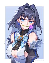 Rule 34 | 1girl, artist name, bare shoulders, blue background, blue eyes, blue hair, border, bow, bow earrings, bowtie, breasts, chain, earrings, flower, flower in mouth, hair between eyes, hair intakes, highres, holocouncil, hololive, hololive english, jewelry, large breasts, looking at viewer, lw goombang, minecraft, ouro kronii, simple background, solo, twitter username, two-tone background, underboob, upper body, virtual youtuber, watermark, white border