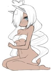 Rule 34 | 1girl, ahoge, azur lane, bare arms, bare shoulders, barefoot, blue eyes, blush, bottomless, breasts, budget sarashi, commentary request, dark-skinned female, dark skin, facial mark, from side, hair over one eye, heart, heart ahoge, horns, indianapolis (azur lane), long hair, looking at viewer, malice stella, medium breasts, one eye covered, parted lips, partially colored, sarashi, seiza, simple background, sitting, slit pupils, solo, very long hair, white background, white hair