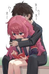 Rule 34 | 1boy, 1girl, armband, bare legs, behind another, black suit, blue archive, blue eyes, blue jacket, blue shirt, blush, book, brown hair, closed mouth, collared shirt, commentary request, crossed bangs, ear blush, formal, hair between eyes, hetero, highres, hug, hug from behind, iroha (blue archive), jacket, lanenumber5, long hair, necktie, open book, reading, red armband, red hair, red necktie, sensei (blue archive), shirt, short hair, sidelocks, sitting, size difference, smelling, smelling hair, suit, tatami, translated, very long hair, wavy hair