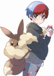 Rule 34 | 1girl, absurdres, backpack, bad id, bad twitter id, bag, blue hair, blush, brown bag, closed mouth, commentary request, creatures (company), eevee, game freak, gen 1 pokemon, glasses, grey eyes, hand in pocket, hand up, highres, holding, holding poke ball, hood, hood down, hoodie, looking at viewer, miyama (yakinikusushi the royal), multicolored hair, nintendo, pantyhose, pantyhose under shorts, penny (pokemon), poke ball, poke ball (basic), pokemon, pokemon sv, print pantyhose, red hair, round eyewear, see-through, see-through skirt, shorts, shorts under skirt, skirt, solo, themed object, two-tone hair