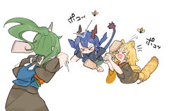 Rule 34 | &gt; &lt;, 3girls, alternate costume, animal ears, arknights, black kimono, blonde hair, blue hair, brown kimono, ch&#039;en (arknights), cropped torso, closed eyes, fang, green hair, hagoita, hane (hanetsuki), horns, hoshiguma (arknights), japanese clothes, kimono, long hair, mishima coco, multiple girls, obi, open mouth, paddle, ponytail, ringlets, sash, short sleeves, simple background, swire (arknights), tail, tasuki, tiger ears, tiger girl, tiger tail, translation request, upper body, very long hair, white background, wide sleeves
