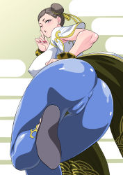 Rule 34 | 1girl, absurdres, ass, breasts, cameltoe, capcom, chun-li, cleft of venus, double bun, finger to mouth, flats, hair bun, highres, large breasts, leggings, long hair, looking at viewer, looking back, one eye closed, parted lips, shushing, street fighter, wink