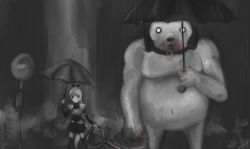 Rule 34 | 1girl, akame ga kill!, blood, bow, crazy eyes, dog, empty eyes, hekatonkheires, looking at viewer, merpperoni, monochrome, monster, navel, o o, parody, rain, road sign, scissors, seryu ubiquitous, sign, size difference, skirt, standing, thighhighs, tonari no totoro, totoro bus stop, umbrella