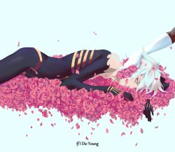 Rule 34 | 1boy, 676643396dolce, arjuna (fate), bishounen, blue eyes, bodysuit, fate/apocrypha, fate/grand order, fate (series), flower, flower bed, gloves, highres, karna (fate), lying, male focus, on side, out of frame, petals, solo focus, white gloves, white hair