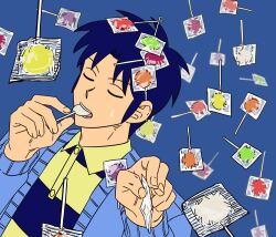 Rule 34 | 1boy, blue background, blue cardigan, blue hair, blue shirt, candy, candy wrapper, cardigan, closed eyes, collared shirt, commentary request, food, food in mouth, fukumoto mahjong, holding, holding candy, holding food, holding lollipop, igawa hiroyuki, lollipop, male focus, medium bangs, open mouth, parted bangs, shirt, short hair, solo, striped clothes, striped shirt, ten (manga), ttotto, upper body, yellow shirt