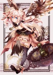 Rule 34 | 1girl, animal ears, arm up, black thighhighs, blue eyes, blush, closed mouth, frilled thighhighs, frills, gears, holding, holding umbrella, jewelry, looking at viewer, mechanical wings, necklace, original, smile, solo, steampunk, tail, thighhighs, tyouya, umbrella, white hair, wings