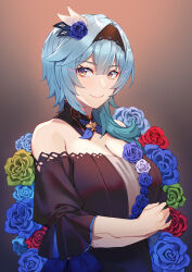 Rule 34 | 1girl, absurdres, arms under breasts, bare shoulders, black dress, black hairband, blue flower, blue hair, blue rose, breasts, cleavage, closed mouth, crossed arms, detached collar, dress, eula (genshin concert) (genshin impact), eula (genshin impact), floral background, flower, flower ornament, genshin impact, gradient background, green flower, green rose, hair ornament, hairband, highres, kimi tsuru, large breasts, medium hair, off-shoulder dress, off shoulder, official alternate costume, orange eyes, purple eyes, red flower, red rose, rose, sidelocks, smile, solo, two-tone eyes, upper body