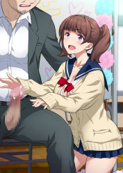 Rule 34 | 1girl, blue skirt, blush, breasts, brown hair, buttons, censored, chair, classroom, cleavage, cum, cum in mouth, erection, facial, facial hair, happy, highres, indoors, jk fuuzoku gakuensai, joy ride, kneeling, large breasts, legs, long sleeves, looking at another, looking up, mosaic censoring, mustache, open mouth, original, penis, purple eyes, school uniform, sitting, skirt, smile, thighs, twintails, unbuttoned, unzipped