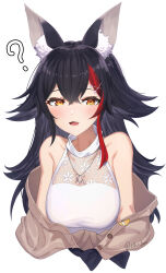 Rule 34 | 1girl, ?, absurdres, animal ear fluff, animal ears, bare shoulders, black hair, blush, breasts, brown cardigan, cardigan, cleavage, commentary request, eihabu (neko playgame), fang, hair between eyes, hair ornament, hairclip, highres, hololive, jewelry, large breasts, long hair, looking at viewer, multicolored hair, necklace, ookami mio, ookami mio (street), open cardigan, open clothes, open mouth, red hair, see-through, see-through cleavage, shirt, sidelocks, simple background, skin fang, sleeveless, sleeveless shirt, solo, streaked hair, twitter username, virtual youtuber, white background, white shirt, wolf ears, wolf girl, yellow eyes