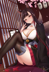 Rule 34 | 1girl, absurdres, akagi (azur lane), animal ears, azur lane, breasts, brown hair, brown kimono, brown tail, brown thighhighs, cherry blossoms, cleavage, cleavage cutout, clothing cutout, crossed legs, error1945, eyeliner, feet out of frame, fox ears, fox tail, highres, indoors, japanese clothes, kimono, kitsune, large breasts, long hair, looking at viewer, metal belt, miniskirt, multiple tails, petals, pleated skirt, red eyeliner, red eyes, red skirt, sakura empire (emblem), sakuramon, signature, sitting, skirt, smile, solo, tail, teeth, thighhighs, very long hair, wide sleeves, wooden floor