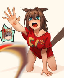 Rule 34 | 2girls, ^ ^, all fours, anger vein, animal ears, barefoot, blue eyes, blurry, blurry foreground, breasts, brown background, brown hair, closed eyes, closed mouth, collarbone, commentary request, depth of field, el condor pasa (umamusume), eye mask, false smile, grass wonder (umamusume), hair between eyes, highres, horse ears, horse girl, horse tail, mask, unworn mask, medium breasts, multiple girls, open mouth, reaching, reaching towards viewer, red shirt, shirt, short sleeves, smile, solo focus, stiff tail, sunagami13, tail, tears, teeth, umamusume, upper teeth only