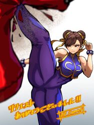 Rule 34 | 1girl, abs, ap cammy, artist name, bare shoulders, blue bodysuit, blue vest, bodysuit, bracelet, breasts, brown eyes, brown hair, capcom, chinese clothes, chun-li, commentary request, commission, cowboy shot, double bun, hair bun, hair ribbon, highres, jewelry, medium breasts, muscular, punching bag, ribbon, serious, skeb commission, skin tight, solo, spiked bracelet, spikes, standing, standing on one leg, street fighter, street fighter zero (series), thick thighs, thighs, training, vest, yellow ribbon