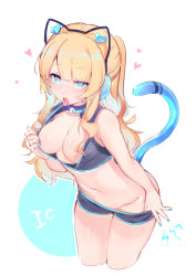 Rule 34 | 1girl, absurdres, ahegao, animal ear headphones, animal ears, bare shoulders, blue collar, blue eyes, blue nails, blunt bangs, breasts, bustier, cat ear headphones, cat ears, cat tail, clothes pull, collar, cowboy shot, crop top, fake animal ears, headphones, heart, heart-shaped pupils, highres, large breasts, leaning forward, linmiu (smilemiku), long hair, looking at viewer, nail polish, navel, no bra, open mouth, original, short shorts, shorts, shorts pull, simple background, solo, symbol-shaped pupils, tail, tongue, tongue out, undressing, very long hair, white background