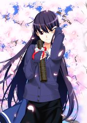 Rule 34 | 1girl, absurdres, artist request, bow, buttons, cherry blossoms, facing viewer, grisaia (series), hand on own face, highres, long hair, necktie, purple eyes, purple hair, resized, sakaki yumiko, school uniform, skirt, smile, source request, spring (season), standing, sweater, tree, branch, upscaled, waifu2x