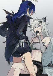 Rule 34 | 2girls, absurdres, animal ears, arknights, bandeau, bare shoulders, biting another&#039;s tail, black jacket, black shorts, blue hair, elbow gloves, fingerless gloves, gloves, grey background, grey gloves, grey hair, haidan uniiii, hair ornament, hairclip, halo, hand on another&#039;s thigh, highres, horns, jacket, lappland (arknights), long hair, long sleeves, looking at another, midriff, mostima (arknights), multiple girls, navel, shorts, sitting, standing, stomach, strapless, tail, thighs, tube top, wolf ears, wolf tail, yuri