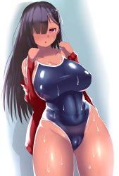 Rule 34 | 1girl, black hair, breasts, cameltoe, competition school swimsuit, groin, hair over one eye, highres, huge breasts, looking at viewer, new school swimsuit, one-piece swimsuit, original, pink eyes, school swimsuit, shiny clothes, shiny skin, solo, souma (ordures), sweat, swimsuit, tan, thighs