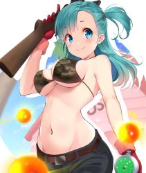 Rule 34 | 1girl, armpits, asymmetrical bangs, belt, bikini, bikini top only, blue eyes, blurry, blurry background, blush, breasts, bulma, camouflage, camouflage bikini, cleavage, closed mouth, cowboy shot, day, dragon ball, dragon ball (classic), dragon ball (object), dragon radar, female focus, gloves, green hair, gun, hand up, happy, holding, holding weapon, kame house, long hair, looking at viewer, medium breasts, navel, one side up, outdoors, short shorts, shorts, side ponytail, sky, smile, solo, standing, swimsuit, weapon