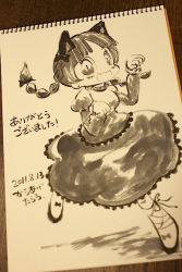 Rule 34 | 1girl, :d, animal ears, braid, cat ears, dated, dress, fang, kaenbyou rin, karaagetarou, long sleeves, looking at viewer, monochrome, open mouth, paper, paw pose, photo (medium), puffy long sleeves, puffy sleeves, short hair, smile, tooth, touhou, traditional media, twin braids