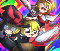 Rule 34 | 3girls, absurdres, alice margatroid, black capelet, black eyes, black gloves, black headwear, black skirt, black vest, blonde hair, blood, blue dress, blue eyes, bow, capelet, closed mouth, commentary request, cookie (touhou), cowboy shot, dress, elbow gloves, gloves, hat, hat bow, highres, ichigo (cookie), kirisame marisa, long hair, looking at another, meguru (cookie), multicolored background, multiple girls, necktie, niwarhythm, open mouth, red bow, red neckwear, short hair, skirt, sleeves past fingers, sleeves past wrists, slit throat, smile, touhou, vest, white capelet, witch hat, yuuhi (cookie)