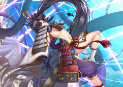Rule 34 | 1girl, absurdly long hair, adsouto, armor, asymmetrical sleeves, black hair, blue eyes, blue gloves, blue panties, blush, breast curtains, breasts, detached sleeves, fate/grand order, fate (series), feather hair ornament, feathers, gloves, hair ornament, highres, japanese armor, katana, kusazuri, long hair, looking at viewer, medium breasts, mismatched sleeves, navel, panties, parted bangs, pom pom (clothes), revealing clothes, sheath, side ponytail, smile, socks, solo, sword, underwear, ushiwakamaru (fate), very long hair, weapon, white socks
