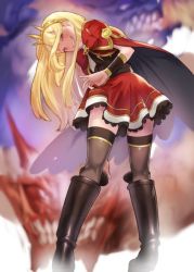 Rule 34 | 10s, 1girl, black footwear, blonde hair, boots, bowcan, cagliostro (granblue fantasy), cape, crown, evil smile, from behind, granblue fantasy, hairband, knee boots, long hair, looking back, monster, purple eyes, skirt, smile, solo, thighhighs