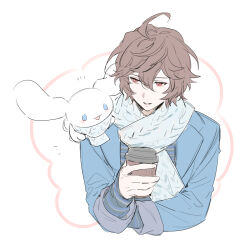 Rule 34 | 1boy, ahoge, bishounen, blue eyes, blue jacket, blue scarf, brown hair, cinnamoroll, coffee, coffee cup, commentary, cup, disposable cup, drink, granblue fantasy, hair between eyes, happy, highres, holding, holding drink, jacket, light smile, looking at another, male focus, messy hair, rabbit, red eyes, sandalphon (granblue fantasy), sanrio, scarf, shirt, short hair, sketch, striped clothes, striped shirt, tekki (tki), white background