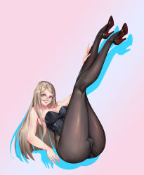 Rule 34 | 1girl, absurdres, ass, bare arms, bare shoulders, black footwear, black leotard, blonde hair, blue eyes, breasts, cleavage, commentary request, dark night (darkotl), full body, glasses, gradient background, high heels, highleg, highleg leotard, highres, legs up, leotard, lips, long hair, looking at viewer, medium breasts, original, pantyhose, parted lips, shadow, shiny clothes, simple background, sitting
