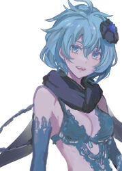 Rule 34 | 1girl, blue bra, blue eyes, blue gloves, blue hair, blue scarf, bra, breasts, cleavage, commentary, drag-on dragoon, drag-on dragoon 3, elbow gloves, flower, gloves, hair between eyes, hair flower, hair ornament, highres, lingerie, looking at viewer, medium breasts, miichinori, open mouth, scarf, short hair, simple background, solo, teeth, three (drag-on dragoon), underwear, upper body, upper teeth only, white background