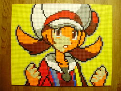 Rule 34 | 00s, 1girl, brown eyes, brown hair, cabbie hat, clenched hand, clenched hands, creatures (company), game freak, hat, hat ribbon, highres, lego, lego (medium), lyra (pokemon), nintendo, photo (medium), pixel art, pokemon, pokemon hgss, portrait, red ribbon, ribbon, solo, twintails, unconventional media, you rei (blowback)