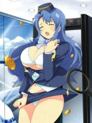Rule 34 | 1girl, aircraft, airplane, airport, blue bow, blue hair, blue sky, blush, bow, bowtie, bra, breasts, bursting breasts, buttons, ceiling, ceiling light, cleavage, closed eyes, cloud, contrail, day, flight attendant, flying button, frilled bra, frills, garrison cap, hat, highres, indoors, large breasts, long hair, metal detector, nachi (senran kagura), navel, official art, open mouth, panties, pantyshot, pencil skirt, popped button, runway, senran kagura, senran kagura new wave, shiny skin, shirt, skirt, sky, solo, travel attendant, underboob, underwear, uniform, wardrobe malfunction, white bra, white panties, window, yaegashi nan