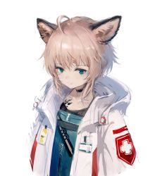 Rule 34 | 1girl, ahoge, animal ears, arknights, black choker, blue eyes, choker, closed mouth, coat, cross, eyelashes, flat chest, fox ears, hara shoutarou, highres, light brown hair, looking at viewer, material growth, name tag, open clothes, open coat, oripathy lesion (arknights), red cross, short hair, simple background, smile, solo, strap, sussurro (arknights), upper body, white background, white coat, zipper