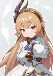 Rule 34 | 1girl, absurdres, ascot, blush, brown gloves, brown hair, brown hairband, dress, earrings, furrowed brow, gloves, granblue fantasy, granblue fantasy: relink, grey background, hair ornament, hairband, hand on own face, harvin, highres, jewelry, kasgero, long hair, long sleeves, looking at viewer, maglielle (granblue fantasy: relink), petite, pointy ears, purple ascot, raised eyebrows, red eyes, simple background, sword, thinking, very long hair, weapon, white dress