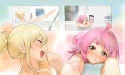 Rule 34 | 0364p, 2girls, absurdres, ahoge, air conditioner, alternate hairstyle, bathing, bathroom, bathtub, blonde hair, blunt bangs, blunt ends, blush, cellphone, closed eyes, closed mouth, commentary, dizzy, gyaru, hair bun, hair up, half-closed eyes, hand to own mouth, head rest, highres, holding, holding phone, hose, laughing, leaning on object, leg up, looking at phone, looking at viewer, love live!, love live! nijigasaki high school idol club, medium hair, miyashita ai, multiple girls, nude, open mouth, outside border, outstretched arms, outstretched leg, panels, parted lips, phone, pink hair, shampoo bottle, single hair bun, soap bottle, steam, tennoji rina, tile wall, tiles, video call, water, wet, window, yellow eyes