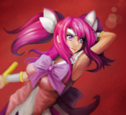 Rule 34 | 1girl, alternate costume, alternate hair color, alternate hairstyle, bow, bowtie, breasts, choker, gloves, league of legends, lipstick, lux (league of legends), magical girl, makeup, open mouth, pink hair, purple eyes, smile, solo, star guardian (league of legends), star guardian lux, tiara, twintails, wand, white gloves