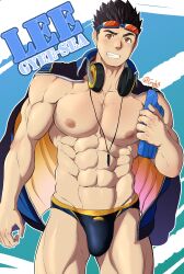 Rule 34 | 1boy, abs, absurdres, alternate costume, artist name, bara, biceps, black hair, black male swimwear, black swim briefs, blue background, bulge, character name, copyright name, cowboy shot, english text, feet out of frame, grelxb, gyee, headphones, highres, jacket, large pectorals, lee (gyee), male focus, male swimwear, manly, mature male, muscular, muscular male, navel, nipples, official alternate costume, open clothes, open jacket, orange eyes, pectorals, simple background, smile, solo, spiked hair, swim briefs, swimsuit, thick arms, thick eyebrows, thick thighs, thighs, twitter username, upper body, white background