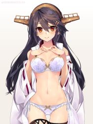 Rule 34 | 1girl, black hair, black thighhighs, blush, bra, breasts, closed mouth, commentary request, cowboy shot, gradient background, hair between eyes, hair ornament, hairband, hairclip, hands on own chest, haruna (kancolle), kantai collection, long hair, looking at viewer, medium breasts, navel, open clothes, orange eyes, panties, ribbon-trimmed sleeves, ribbon trim, shirokitsune, side-tie panties, smile, solo, thighhighs, underwear, white bra, white panties, wide sleeves