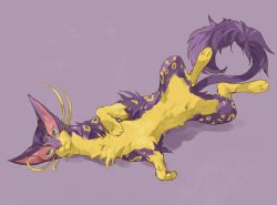 Rule 34 | closed mouth, commentary request, creatures (company), full body, game freak, gen 5 pokemon, green eyes, liepard, lying, nintendo, no humans, nyala (nyala 766), on side, pokemon, pokemon (creature), purple background, purple fur, sketch, solo, tail, whiskers, yellow fur