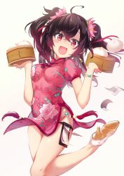 Rule 34 | 1girl, :d, ahoge, asakura mihono, baozi, black hair, blush, bracelet, character request, china dress, chinese clothes, commentary request, dress, earrings, floral print, flower, food, groin, hair flower, hair ornament, hair ribbon, high heels, highres, holding, jewelry, long hair, looking at viewer, micopp, open mouth, papers, pink dress, pink flower, print dress, red eyes, red ribbon, ribbon, short sleeves, side slit, simple background, smile, solo, standing, standing on one leg, sweatdrop, tassel, tassel earrings, thigh strap, toji no miko, two side up, waitress, white background