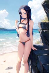Rule 34 | 1girl, absurdres, alternate costume, asymmetrical bangs, bare shoulders, beach, bikini, black bikini, black hair, blue eyes, blue sky, breasts, chromatic aberration, cleavage, closed mouth, cloud, collarbone, commentary request, day, eunhwa (nikke), ex-mist, forehead, goddess of victory: nikke, highres, holding, holding hair, long hair, looking at viewer, midriff, navel, ocean, outdoors, shadow, sky, small breasts, smile, solo, standing, starfish, swimsuit