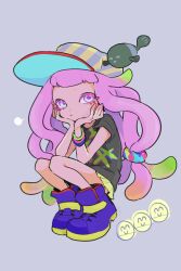 1girl :/ baseball_cap black_shirt blue_eyes bracelet closed_mouth clownfish fish green_skirt grey_background hands_on_own_cheeks hands_on_own_face harmony&#039;s_clownfish_(splatoon) harmony_(splatoon) hat imaikuy0 jewelry long_hair long_shirt miniskirt nintendo pink_hair shirt short_sleeves skirt splatoon_(series) squatting striped_clothes striped_headwear tentacle_hair