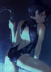 Rule 34 | 1boy, arm support, ass, back, backless swimsuit, backlighting, black hair, blue background, blue eyes, blue one-piece swimsuit, blue theme, climbing, clip studio paint (medium), cowboy shot, crossdressing, dated, facial mark, from behind, hand up, highres, kiyonagi, kusanagi (kiyonagi), looking at viewer, male focus, one-piece swimsuit, original, pool ladder, shiny clothes, short hair, sideways glance, skin tight, solo, sparkle, sunlight, swimsuit, trap, wet, wet hair