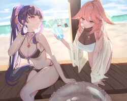 Rule 34 | 1boy, 4girls, absurdres, aether (genshin impact), animal ears, bare arms, bare shoulders, beach, bikini, black bikini, breasts, commentary request, cup, drinking glass, feet out of frame, fox ears, genshin impact, highres, holding, holding cup, kneeling, long hair, lumine (genshin impact), medium breasts, multiple girls, navel, ocean, paimon (genshin impact), parted lips, pink hair, ponytail, purple eyes, purple hair, raiden shogun, sazanami (re n rentaro), smile, stomach, swimsuit, thighs, very long hair, water, yae miko