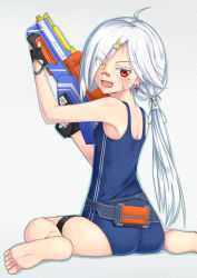 Rule 34 | 1girl, ahoge, alternate costume, armpits, ass, azur lane, back, bandaid, bandaid on face, bandaid on nose, bare shoulders, barefoot, black gloves, blue one-piece swimsuit, blush, bright pupils, colored eyelashes, downes (azur lane), earrings, eyelashes, eyes visible through hair, feet, fingerless gloves, from side, full body, gloves, heterochromia, jewelry, legs apart, long hair, low ponytail, mole, mole under eye, one-piece swimsuit, outline, pouch, red eyes, ringed eyes, side ponytail, sitting, soles, solo, spread legs, stud earrings, swept bangs, swimsuit, thigh strap, tks (526tks), toes, torn clothes, trigger discipline, very long hair, water gun, white background, white hair, yellow eyes